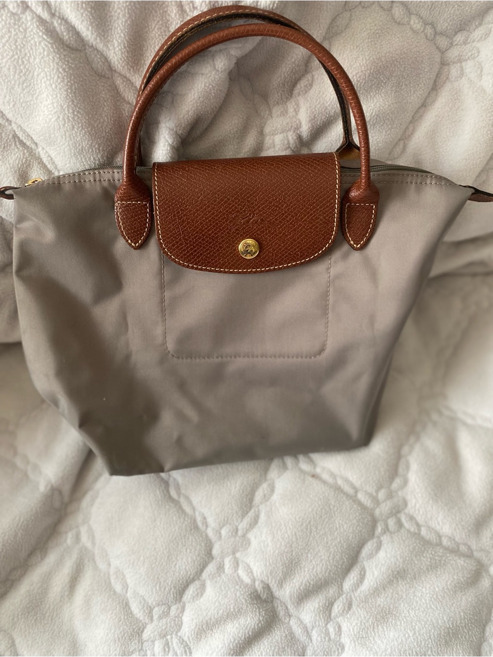 Longchamp Two-Tone Taupe and Brown Le Pliage Top-Handle Tote